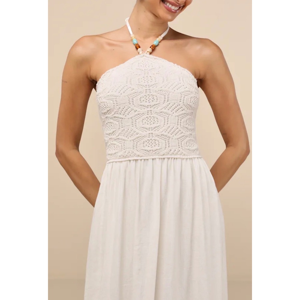 Lulus Cosma Beaded Crochet Knit Halter Midi Dress Boho Cottagecore Women L Ivory